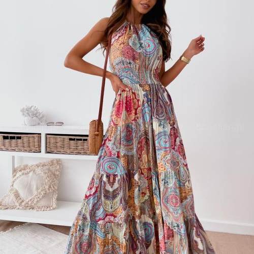 Fashionable sexy floral backless dress Bohemian long skirt