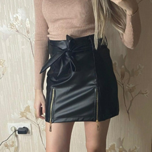 leather zipper patchwork double skirt半身裙 fashionable faux