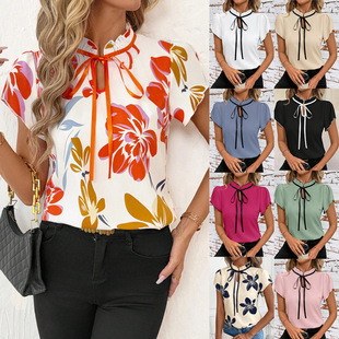 Wrinkled short top printed women strap neck round sleeved