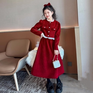 女童连衣裙秋冬款2024新款儿童公主裙子加绒女大童小香风新年衣服