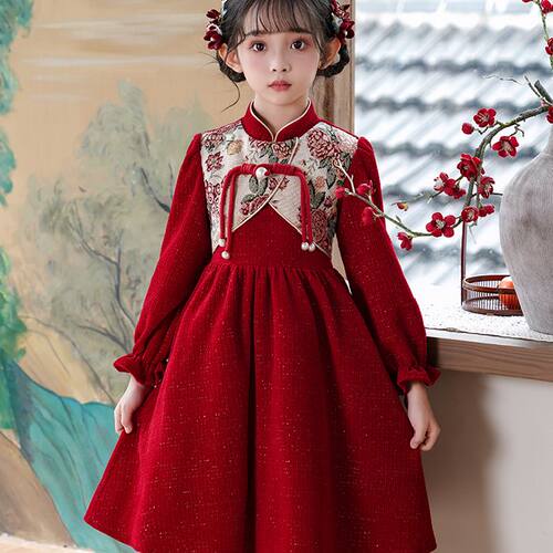 女童旗袍新款连衣裙2026拜年新中式国风喜庆长袖加绒加厚女孩裙子