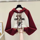 女童春秋拼色连帽卫衣2026新款 中大童炸街儿童卡通洋气时髦上衣潮