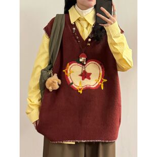 复古软糯苹果提花V领针织衫 美式 马甲叠穿毛衣背心 秋冬季 胖MM大码