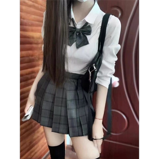 特大码女装微胖MM200斤遮肚jk制服收腰衬衫上衣长袖衬衣辣妹套装