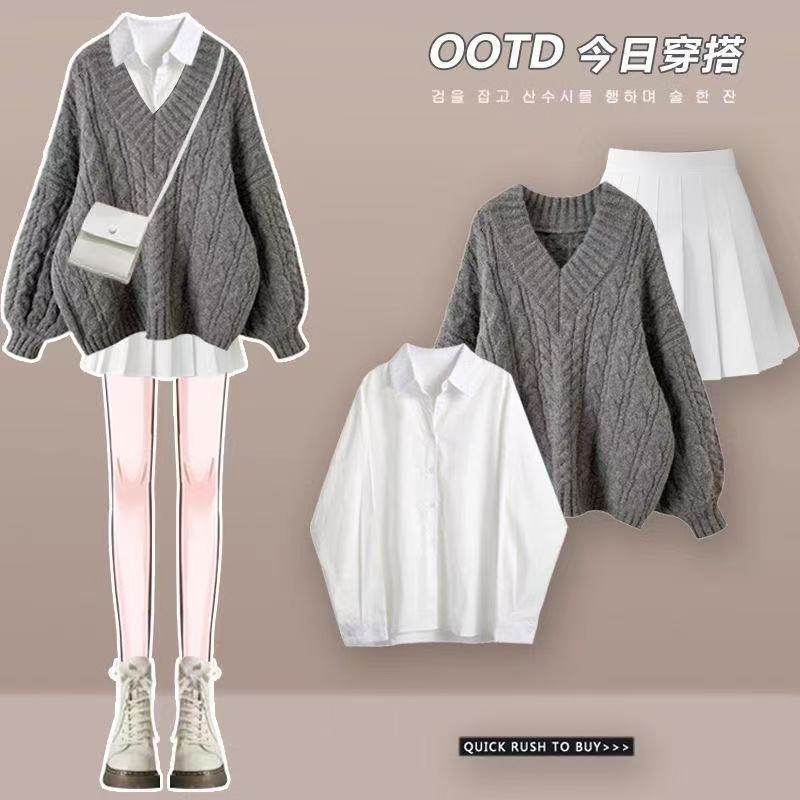 胖MM大码秋冬新款套装温柔气质针织毛衣衬衫百褶裙韩剧穿搭三件套,女装/女士精品,时尚套装,淘宝优惠券,粉丝福利购,淘宝优惠卷