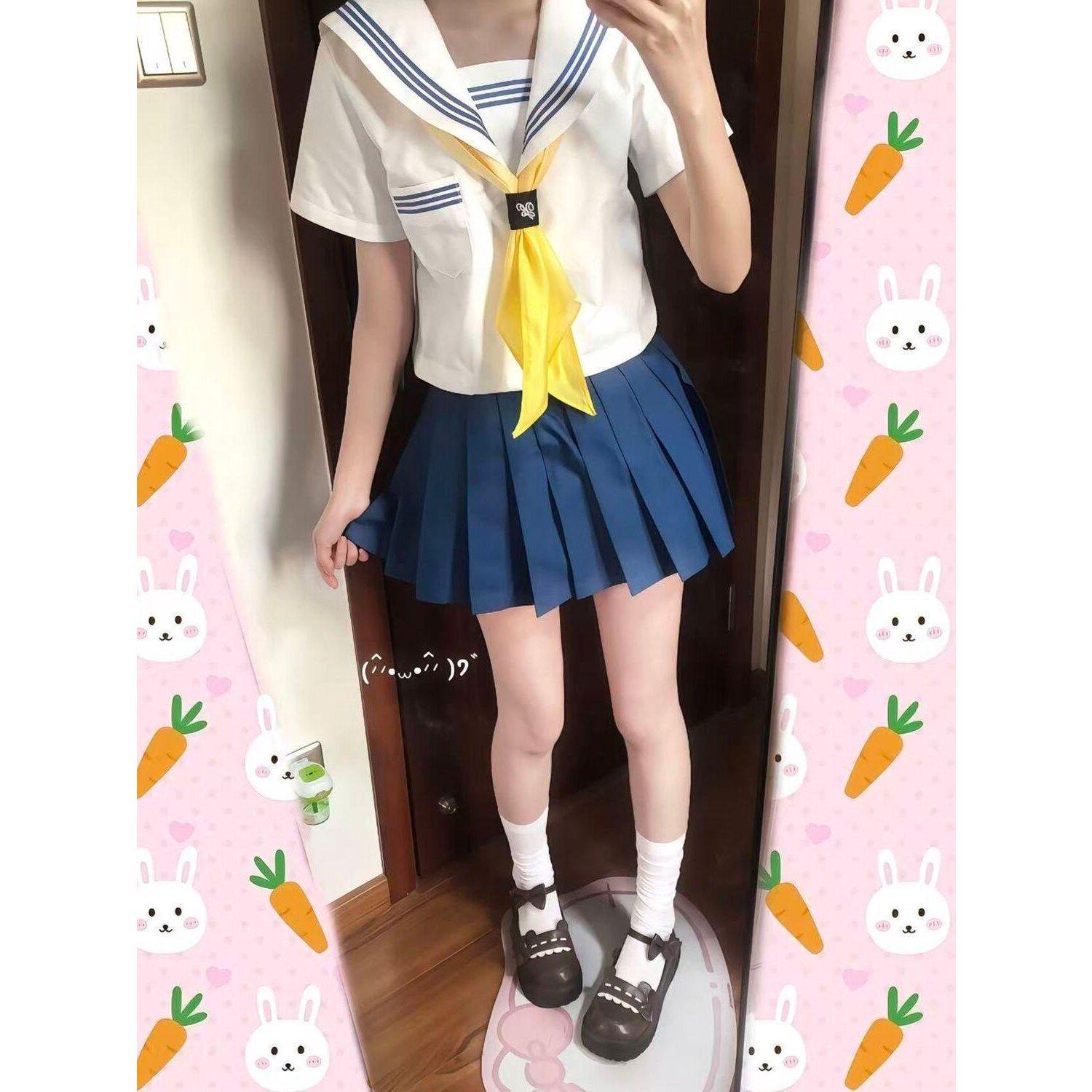 胖MM大码jk制服白领蓝三本短袖水手服学院风百褶裙活力软妹套装
