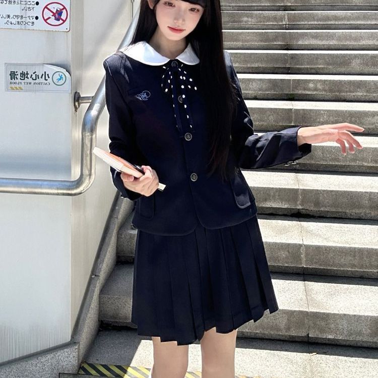 胖MM大码JK制服绀色小圆西服外套百搭叠穿纯色JK裙学生校供穿搭女