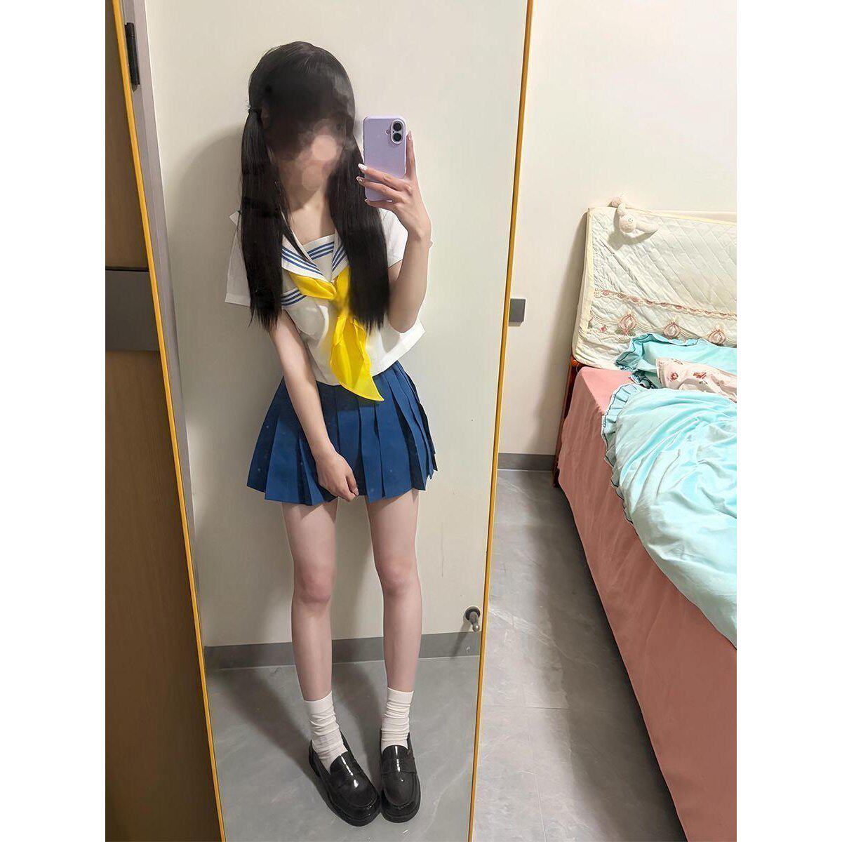 胖MM大码设计感基础款小众短袖白领蓝三本日系穿搭水手服穿搭套装