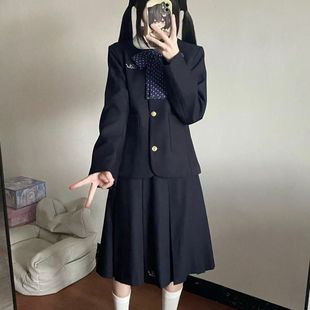 胖MM大码日系秋冬新款小圆领西装外套绀色JK制服套装基础款百搭裙