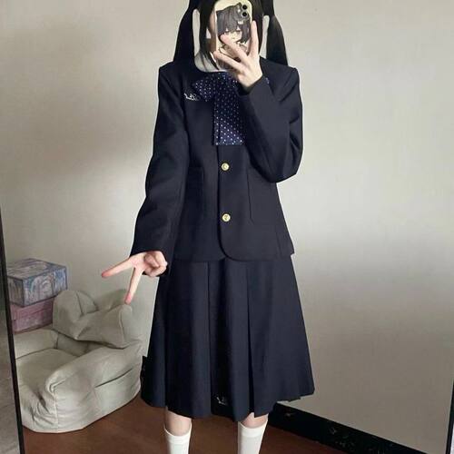 胖MM大码日系秋冬新款小圆领西装外套绀色JK制服套装基础款百搭裙