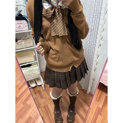 胖MM大码学院风JK制服棕色针织开衫毛衣叠穿焦糖可颂裙秋冬套装女