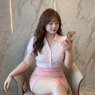 胖MM大码韩系显瘦套装裙夏季新款粉色条纹短袖衬衫包臀半裙两件套