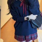 日系秋冬款 毛衣叠穿长袖 宽松纯色针织衫 胖MM大码 百搭玄格裙套装 女