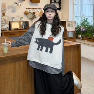 胖MM大码女装日系套装女格子系带衬衫卡通提花马甲阔腿裤三件套秋