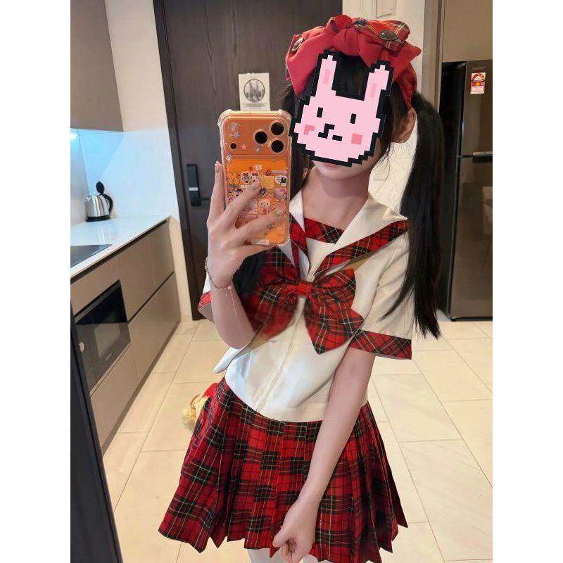 胖MM大码bodyline苏格兰水手服红格子百褶裙甜美学院风日系jk套装图片