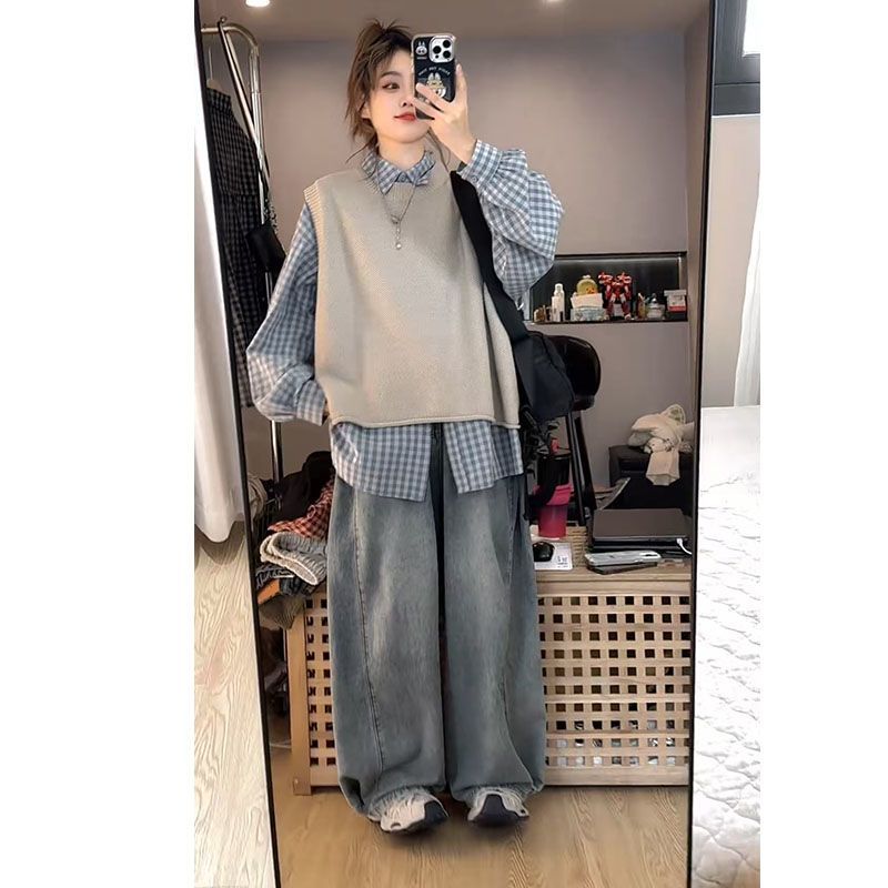 胖MM大码秋季新款polo领格子衬衫叠穿百搭针织坎肩马甲两件套ins