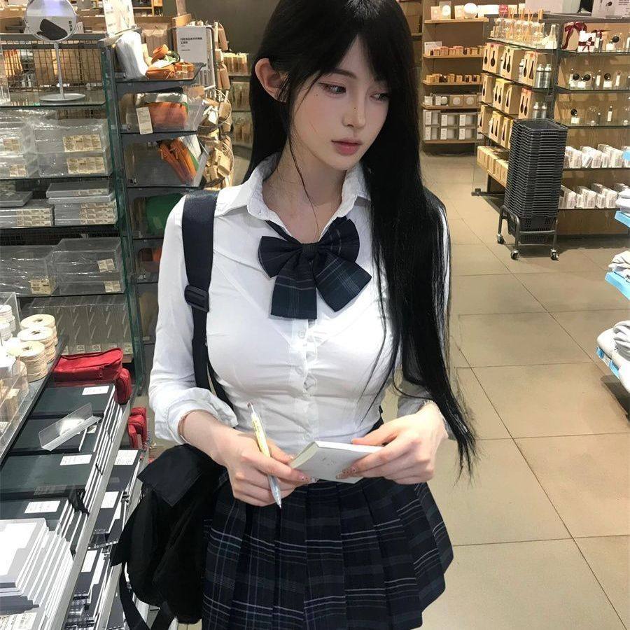 胖MM大码jk春夏纯欲甜辣妹收腰修身长袖JK制服套装辣妹短袖上衣女