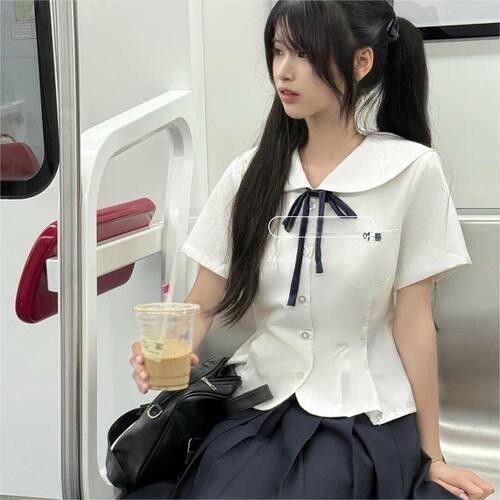 胖MM大码jk制服夏季款学院风圆领短袖衬衣收腰花瓣摆显瘦衬衣女