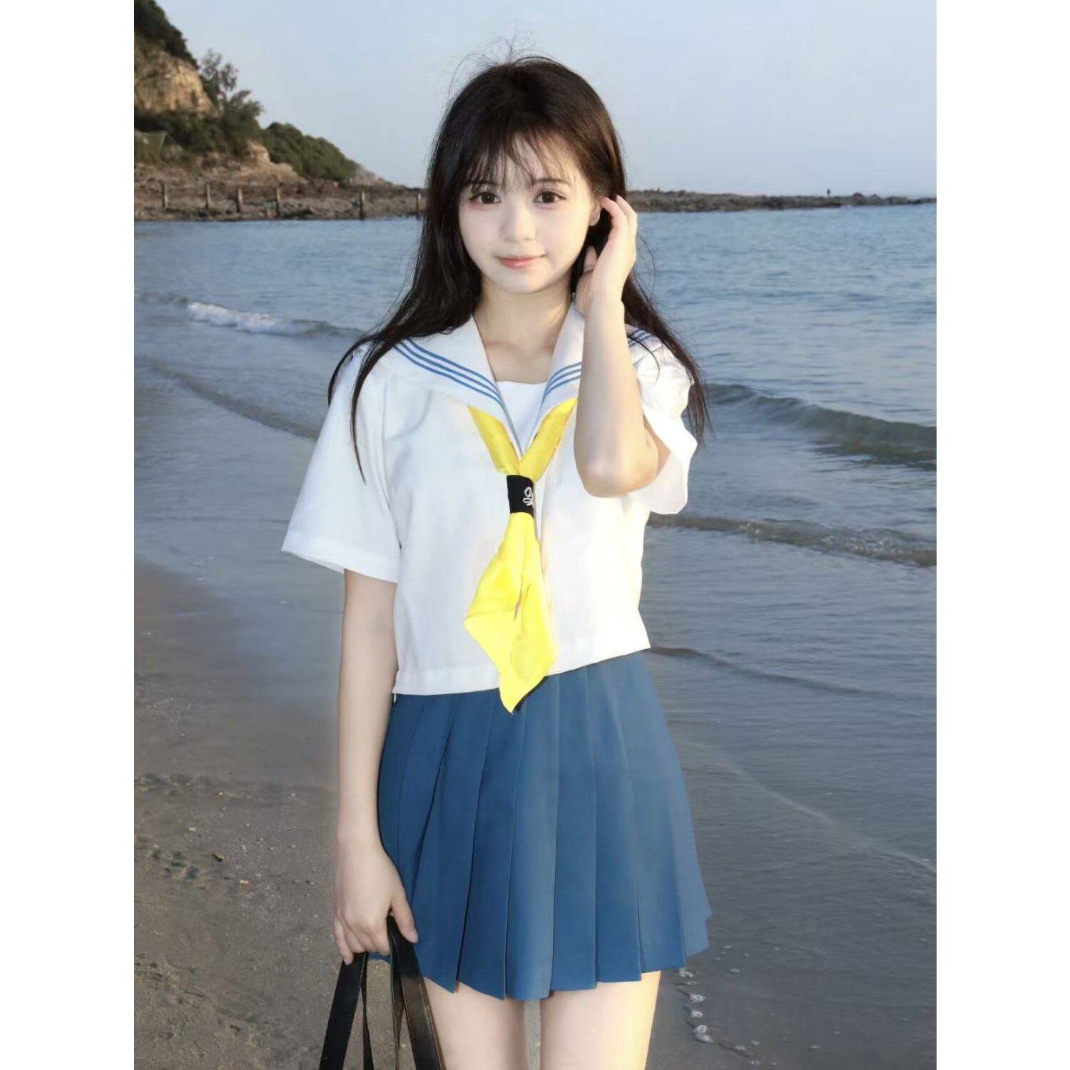 胖MM大码JK制服白领蓝三本水手服中间服甜美清新软妹校供感套装潮