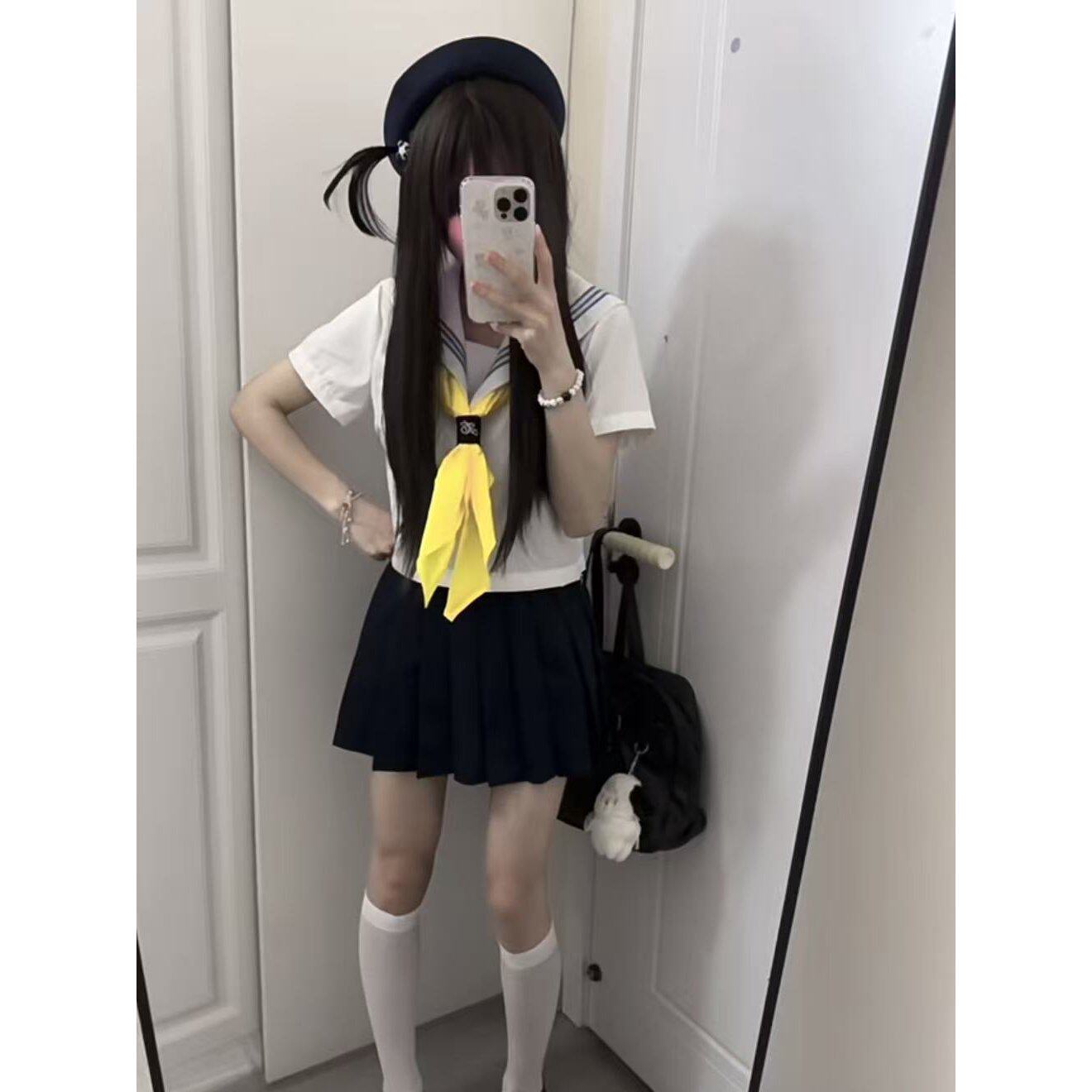 胖MM大码原创制服水手中间服白领蓝三本套装软妹学院风校供感穿搭