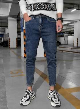 深蓝色九分牛仔裤男2023春秋新款青年百搭做旧水洗修身小脚铅笔裤