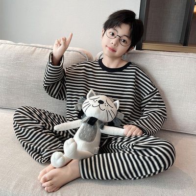 儿童睡衣套头秋冬季加厚德绒保暖男童家居服男孩条纹内搭外穿套装
