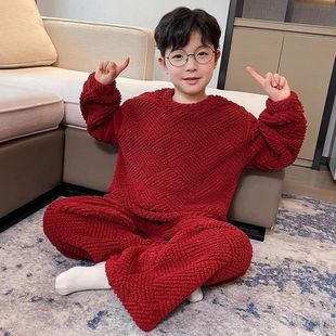 男童拜年服睡衣冬季新款珊瑚绒男童睡衣套装法兰绒中大童红色睡衣