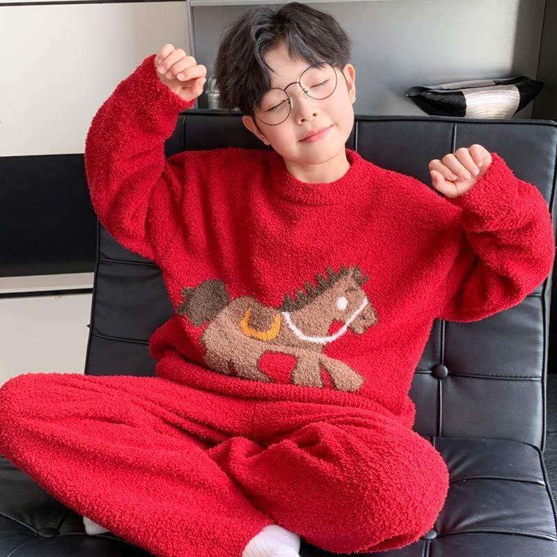 男童新款休闲套装2025加绒睡衣秋冬季保暖大红宽松洋气休闲家居服,童装/婴儿装/亲子装,家居服套装,淘宝优惠券,粉丝福利购,淘宝优惠卷