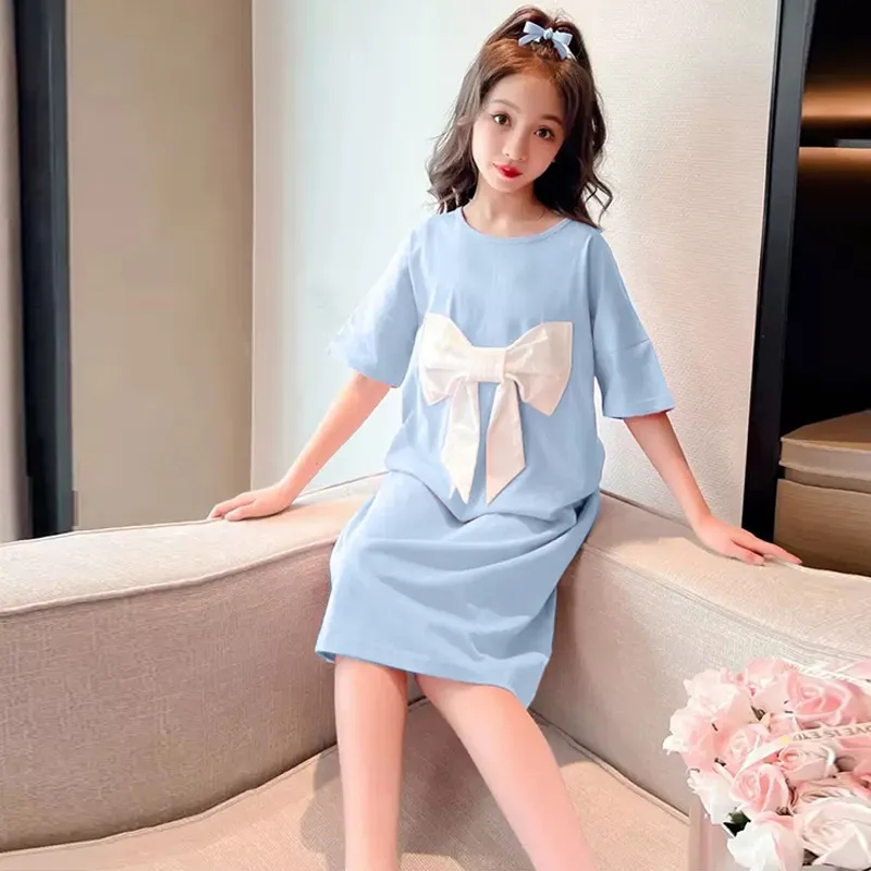 儿童睡衣夏季新款冰丝短袖女童睡裙宽松薄款大童睡裙女童睡衣裙子