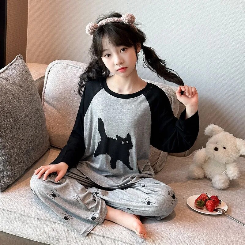 家居服女春款a类全棉儿童长袖纯棉中大童睡衣套装空调服女童网红图片
