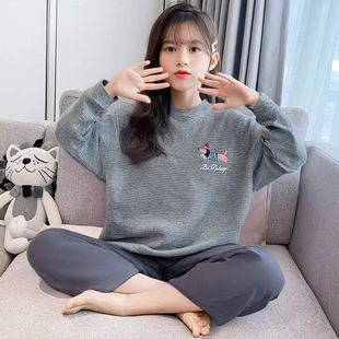 女童保暖睡衣套装秋冬新款中大童德绒打底内搭体恤长袖儿童家居服