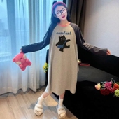 儿童春秋全棉长袖 女童纯棉睡裙网红宽松可爱a类中大童空调服拼接