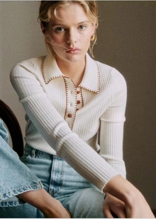 复古上衣长袖 法式 毛衣 春秋翻领手工缝线饰边羊毛针织衫 法单醇原