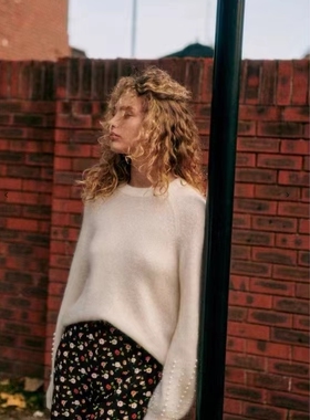 法国sez@ane纯净仙女风灯笼袖白色马海毛手工订珠圆领套头衫毛衣