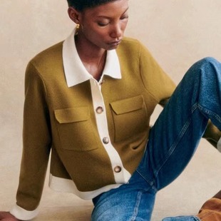 法单醇元双口袋拼色羊毛开衫纯merino羊毛经典款撞色翻领外套冬