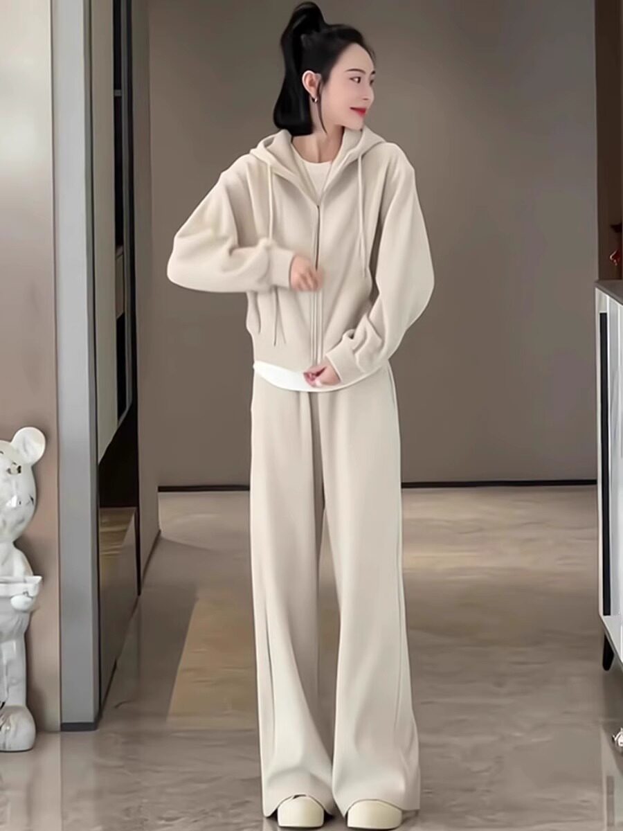 게으른 스타일 2024 여성을위한 캐주얼 스포츠 정장 가을 겨울 새로운 패션 후드 플러스 벨벳 운동복 넓은 다리 바지 투피스 세트