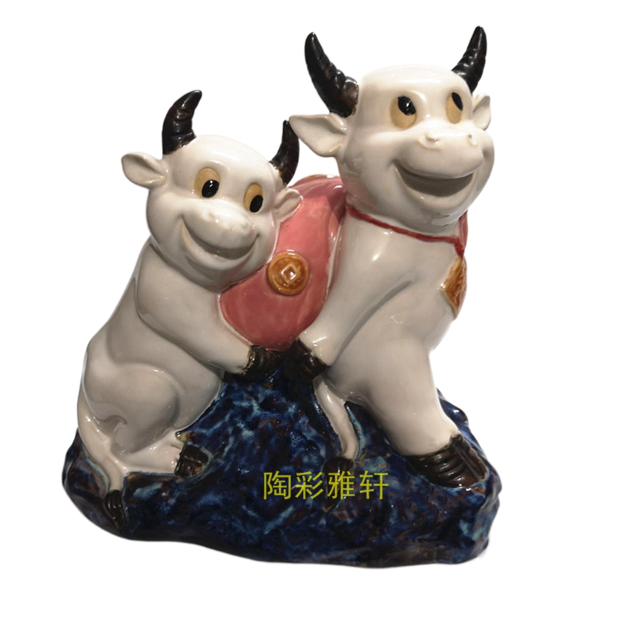 石湾公仔陶瓷生肖家居装饰摆件潘柏林大师年代印章牛中式客厅桌面