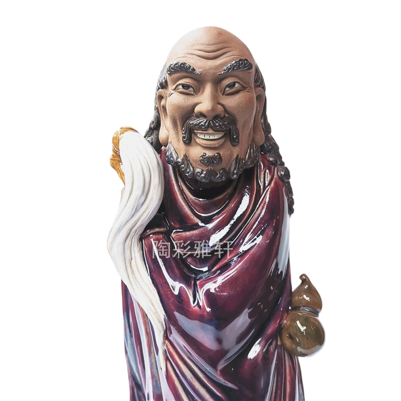 石湾陶瓷纯工艺中式桌面家居装饰摆件马海作品人物红釉赤脚大仙