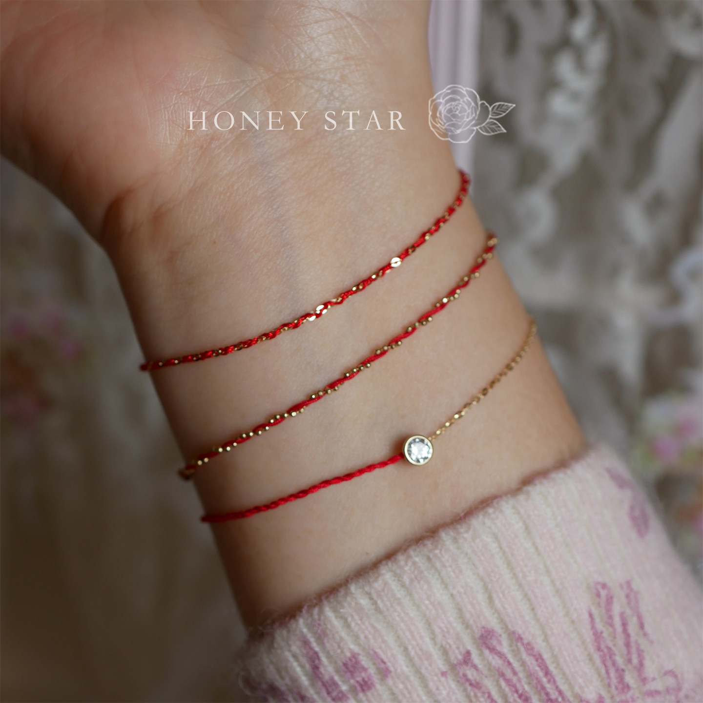 HONEY.14k金红绳泡泡钻手链 精致日系极细编织小金珠红色新年手链