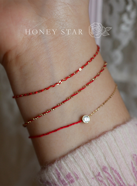 HONEY.14k金红绳泡泡钻手链 精致日系极细编织小金珠红色新年手链
