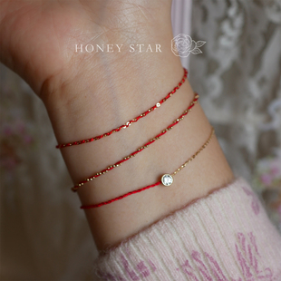HONEY.14k金红绳泡泡钻手链 纯金精致日系极细编织金珠新年手链