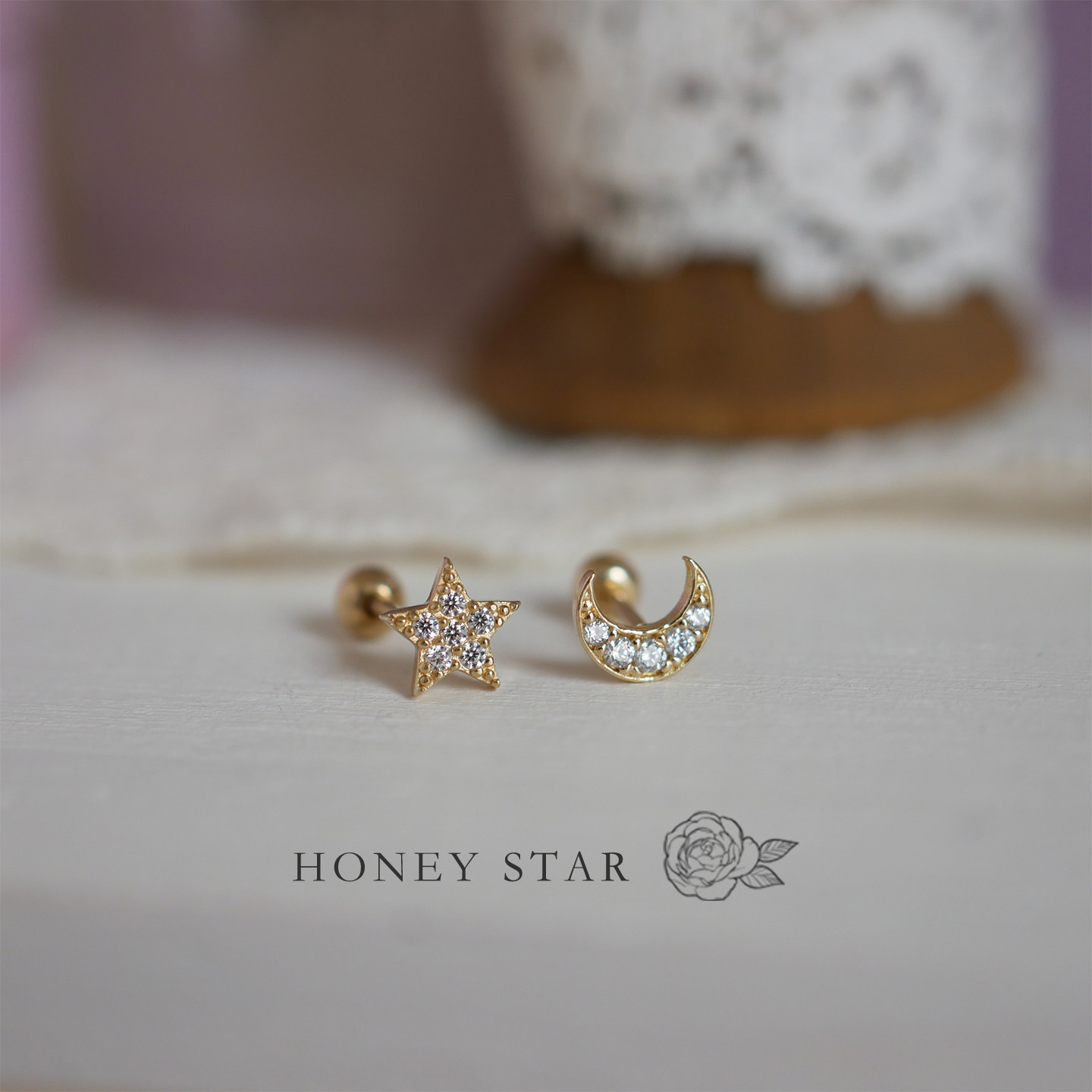 HONEY.10k金星月耳钉 k金日系mini精致星星月亮单只拧螺丝耳骨钉