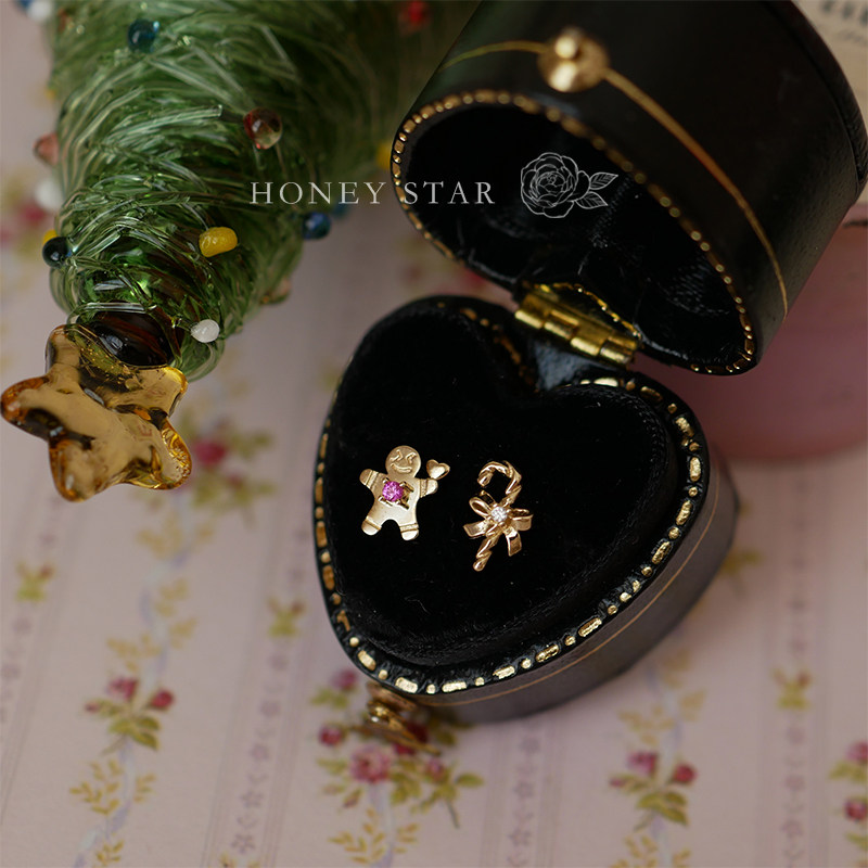 HONEY.10k金姜饼人拐杖糖耳钉 纯金精致复古冬日圣诞轻奢单只耳饰