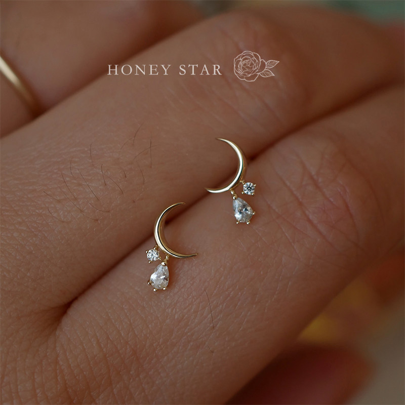 HONEY.10k金月亮 mini精致日系小众日常通勤简约浪漫星月耳钉