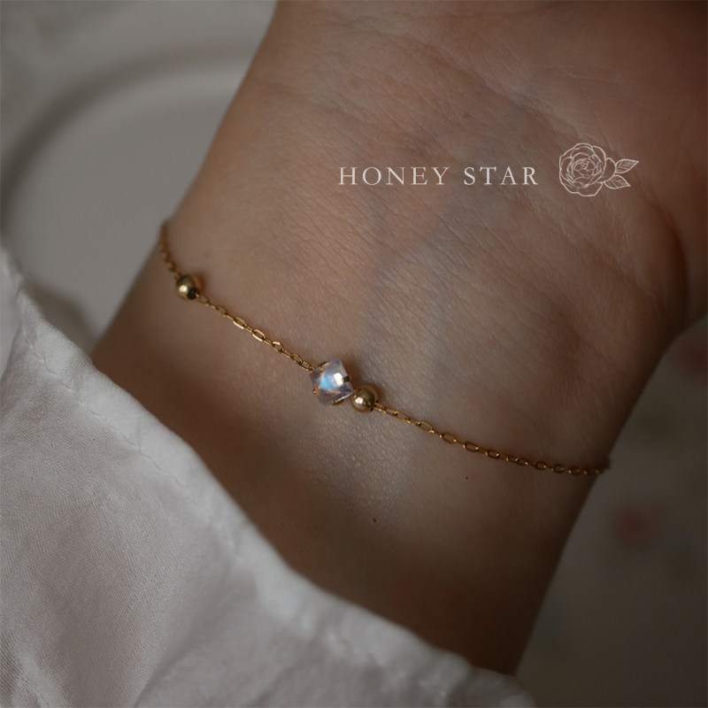 HONEY.自制暗夜月光 美国14k包金极简日系冰种清透天然月光石手链