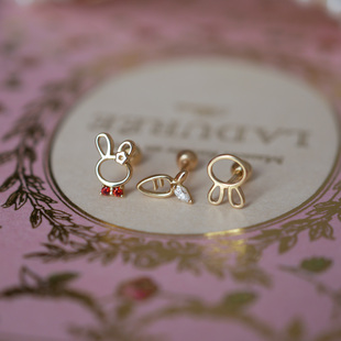 HONEY.10k金拧拧兔兔胡萝卜耳钉 14k黄金迷你单只螺丝可爱耳骨钉