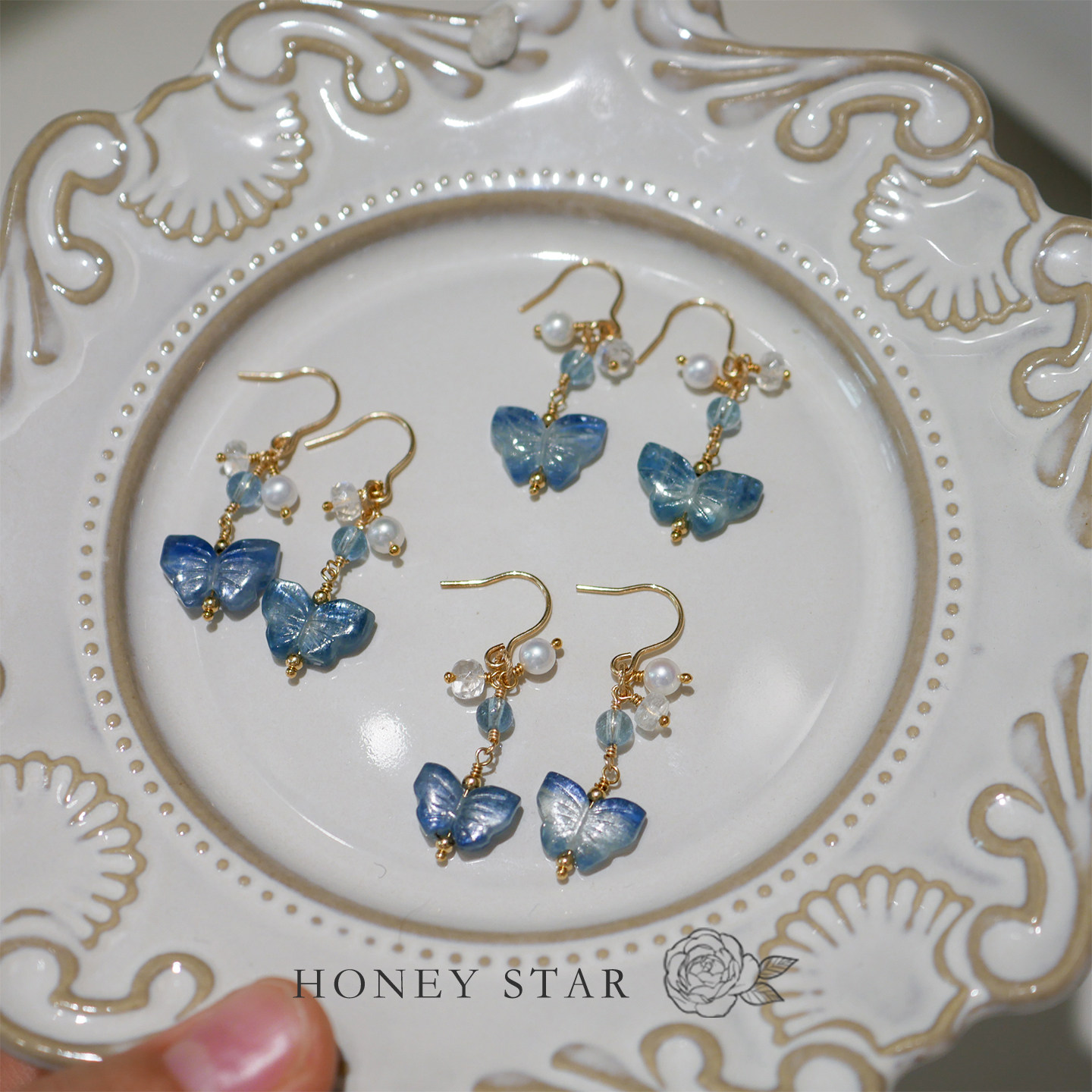 HONEY.天然蓝晶石蝴蝶耳环 美国14k包金手作珍珠天然半宝石耳饰