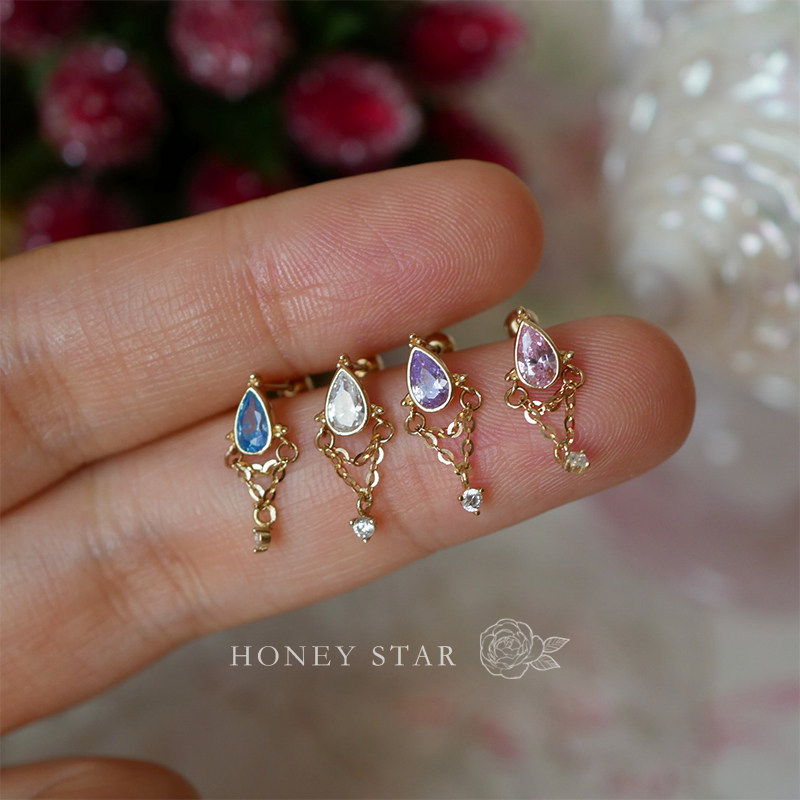 HONEY.10k金甜心水滴耳钉 粉色链条流苏轻奢精致小众叠戴耳骨钉