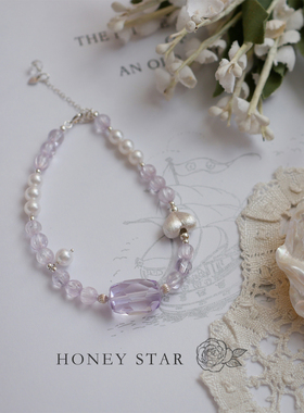 HONEY.原创手作天然紫水晶紫锂辉手链 通体925银淡水珍珠爱心银饰