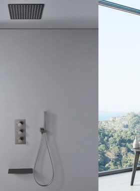 枪灰色飞雨恒温暗装花洒瀑布出水全铜隐藏式吸顶淋浴热推精致时尚